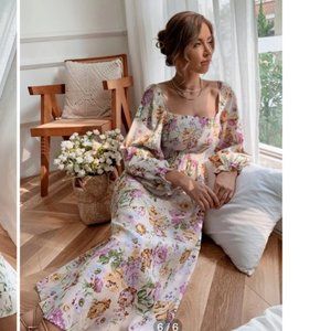 Shein Floral Print Shirred Square Neck A-Line Dress